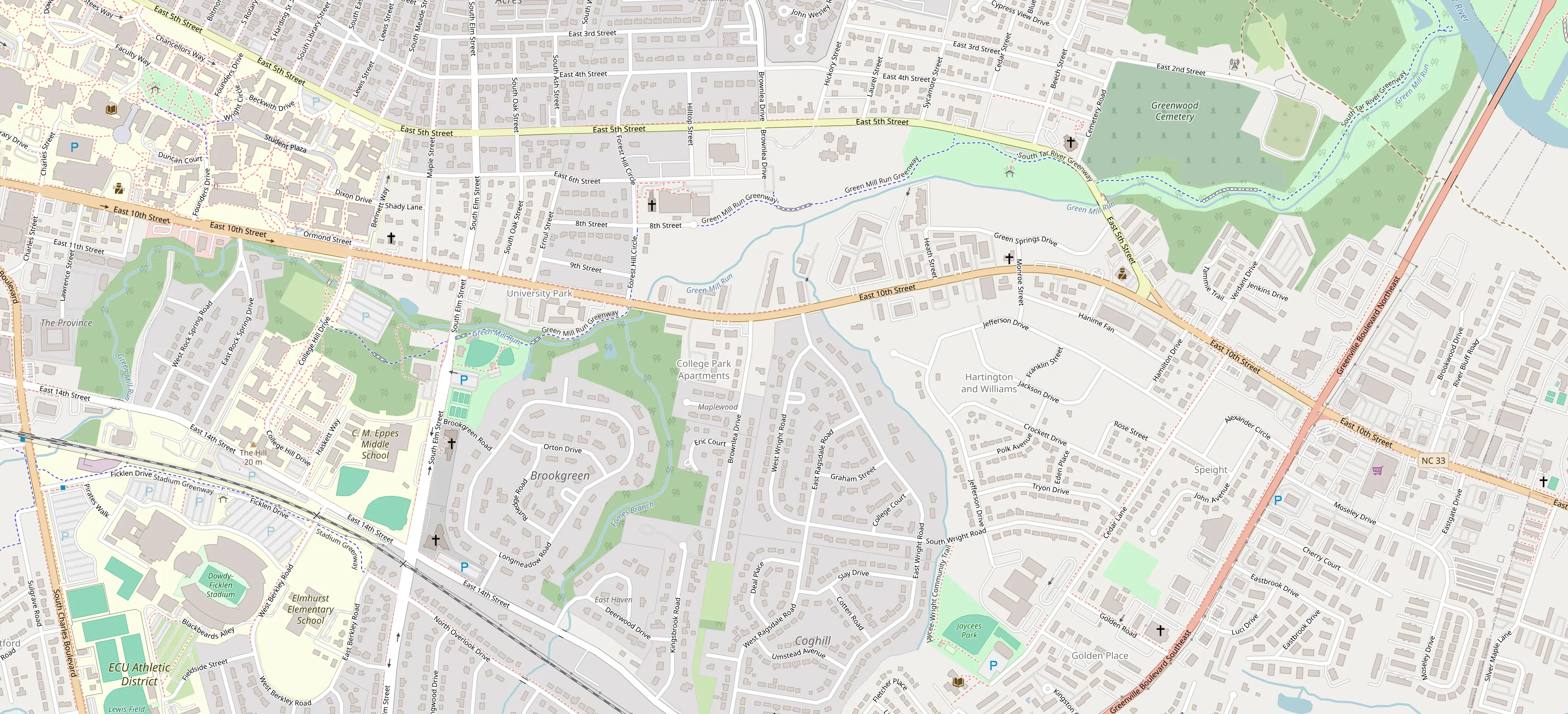 Map of east Greenville, NC showing Eastbrook and Village Green Apartments along East 10th Street, with nearby restaurants, groceries, parks and greenways, ECU's main campus, and Dowdy-Ficklen Stadium.