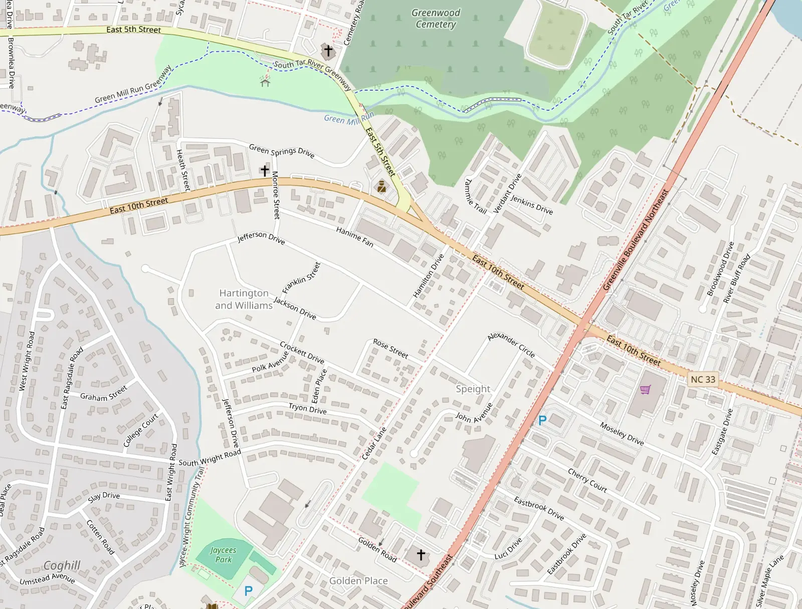 Map showing Eastbrook and Village Green Apartments in Greenville, NC